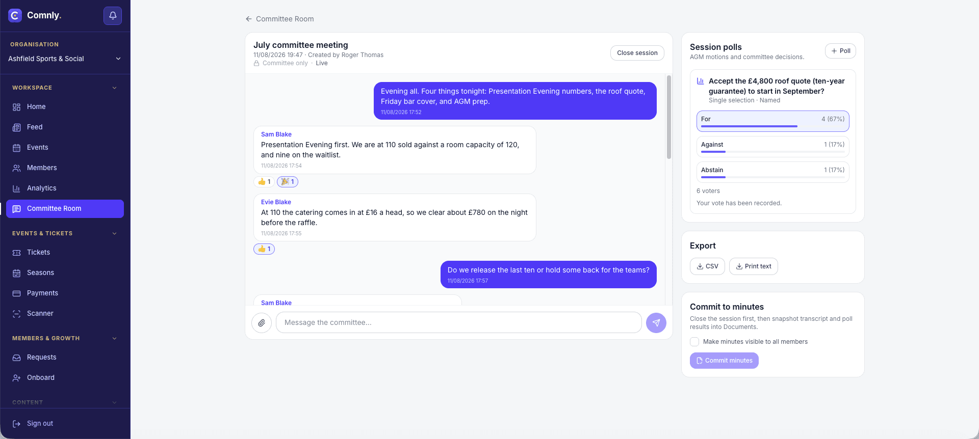Comnly committee room with a live July committee meeting chat, a session poll on a roof repair quote with recorded votes, CSV and print export buttons, and a commit to minutes panel.