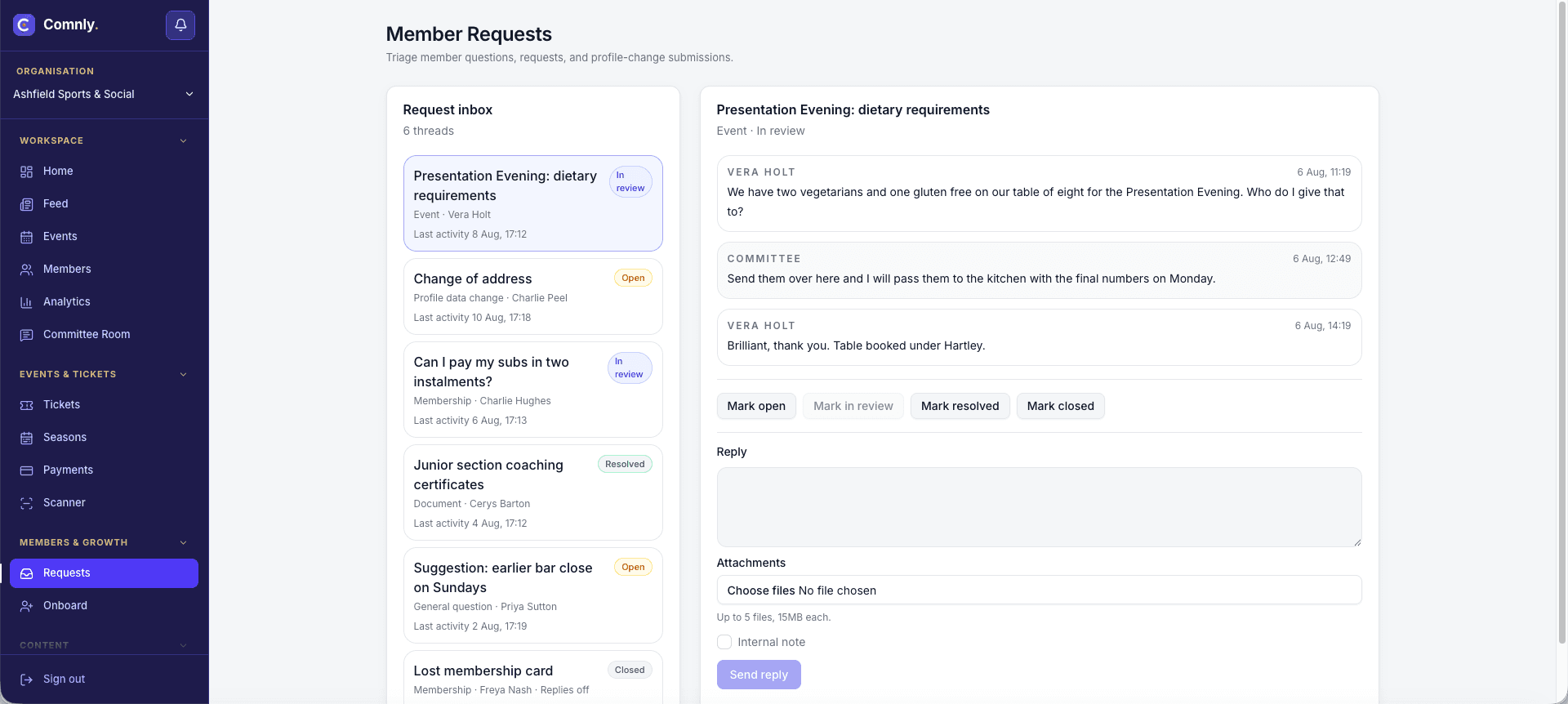 Comnly member requests page with a request inbox of six threads covering an event question, a change of address, a subs instalment request and a lost membership card, each tagged open, in review, resolved or closed, next to the selected conversation with reply box and attachments.