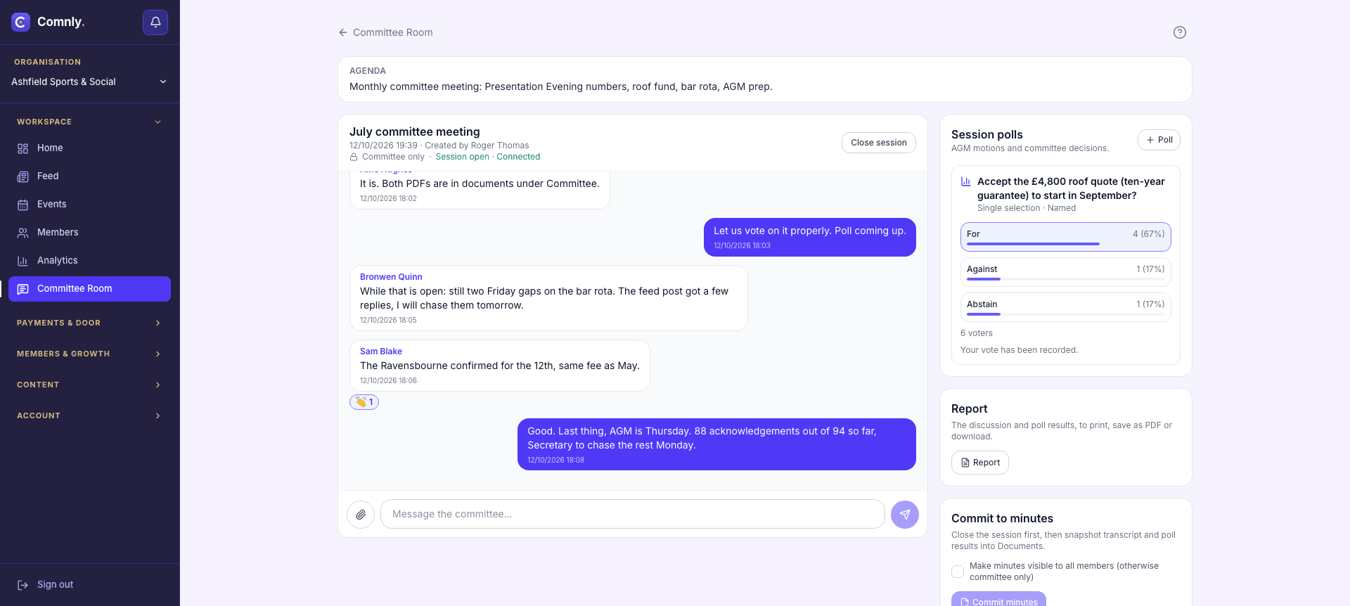 Comnly committee room with a live July committee meeting chat, a session poll on a roof repair quote with recorded votes, CSV and print export buttons, and a commit to minutes panel.