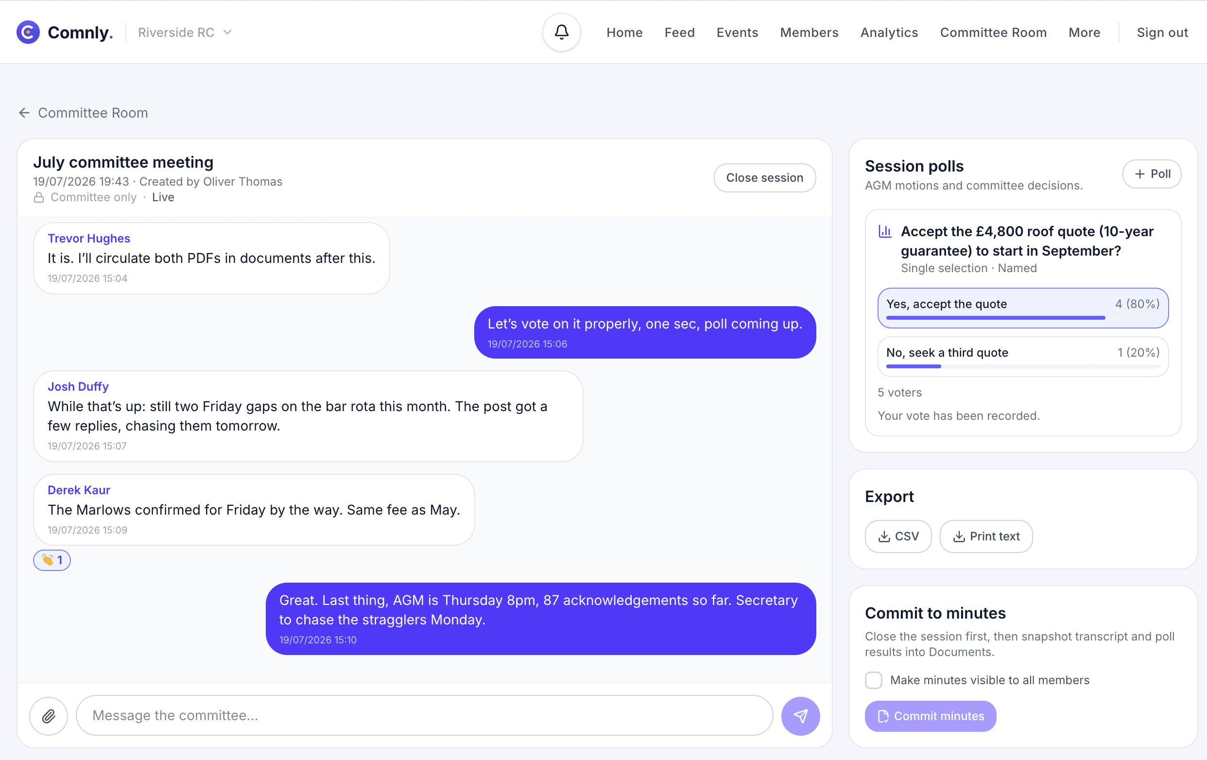 Comnly committee room with a live July committee meeting chat, a session poll on a roof repair quote with recorded votes, CSV and print export buttons, and a commit to minutes panel.